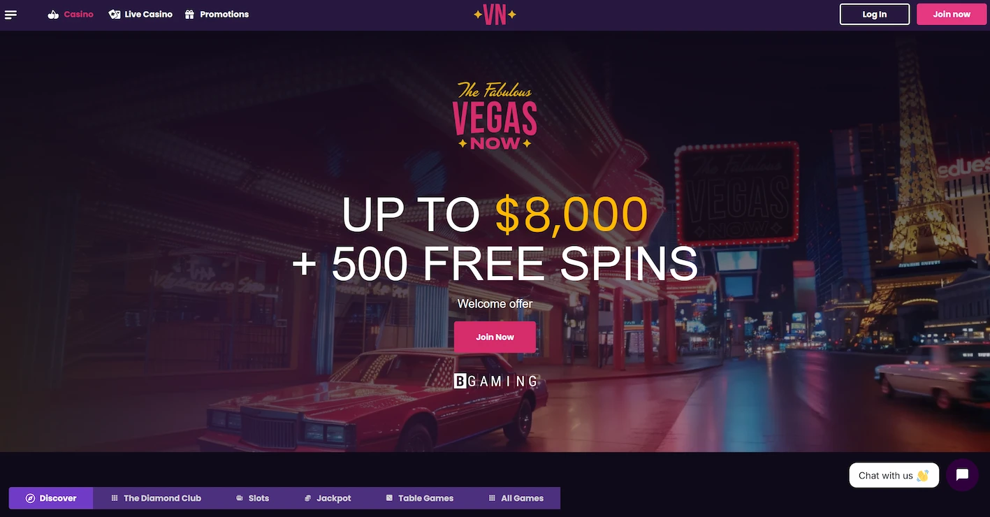 VegasNow casino frontpage featuring welcome offer and site main navigation
