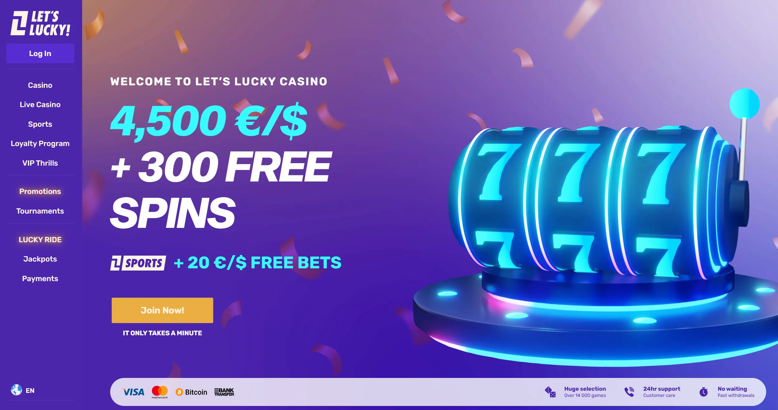 Let's Lucky casino frontpage featuring welcome bonus offer and site main navigation